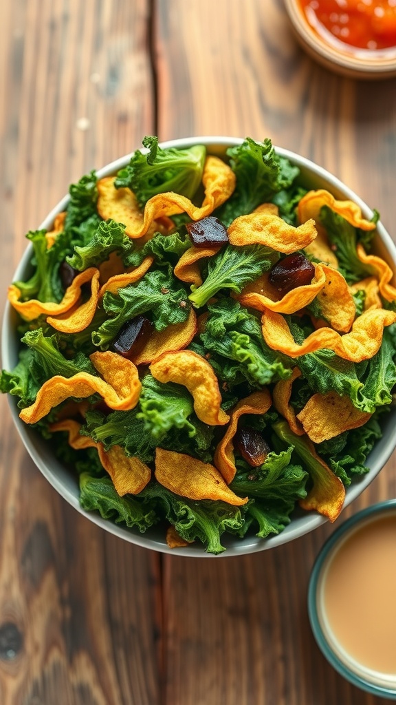 A bowl of crispy kale chips with seasoning on a rustic table.